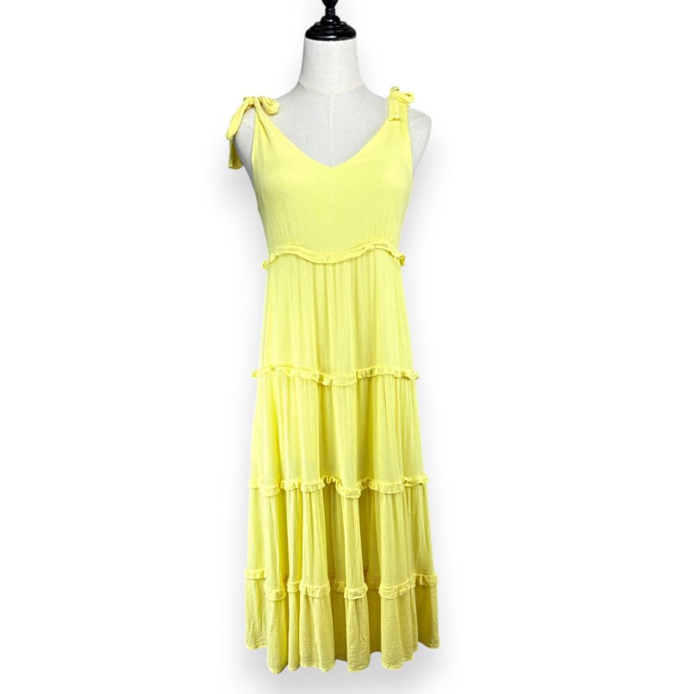 Illa Illa Yellow Sundress Tiered Tie Shoulder Back Button Cottage Boho Fairy Sm